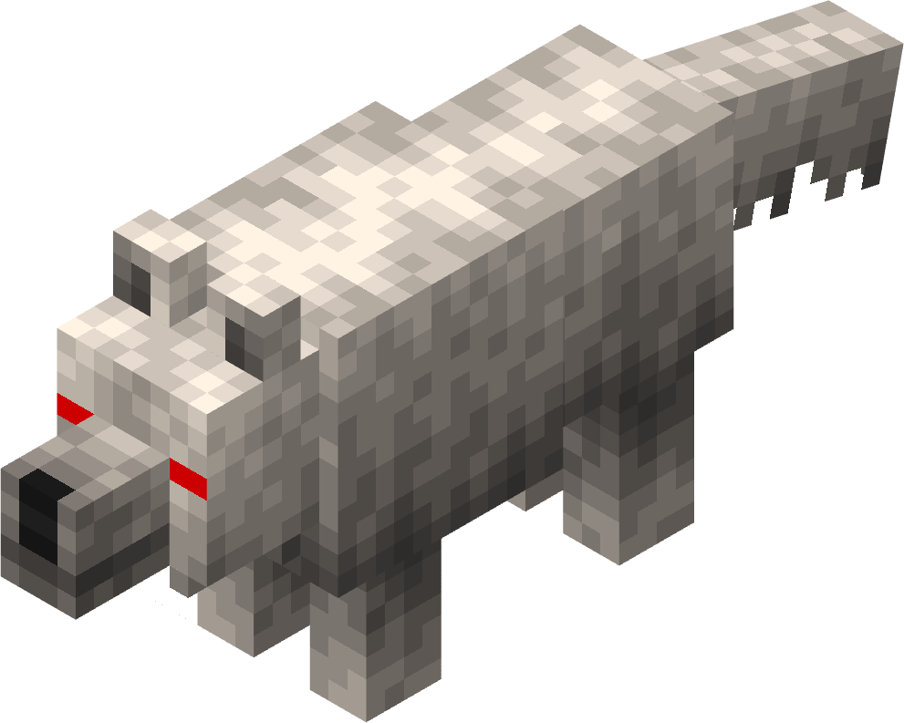 Direwolf Minecraft character and wolves in various colors and poses against a black background
