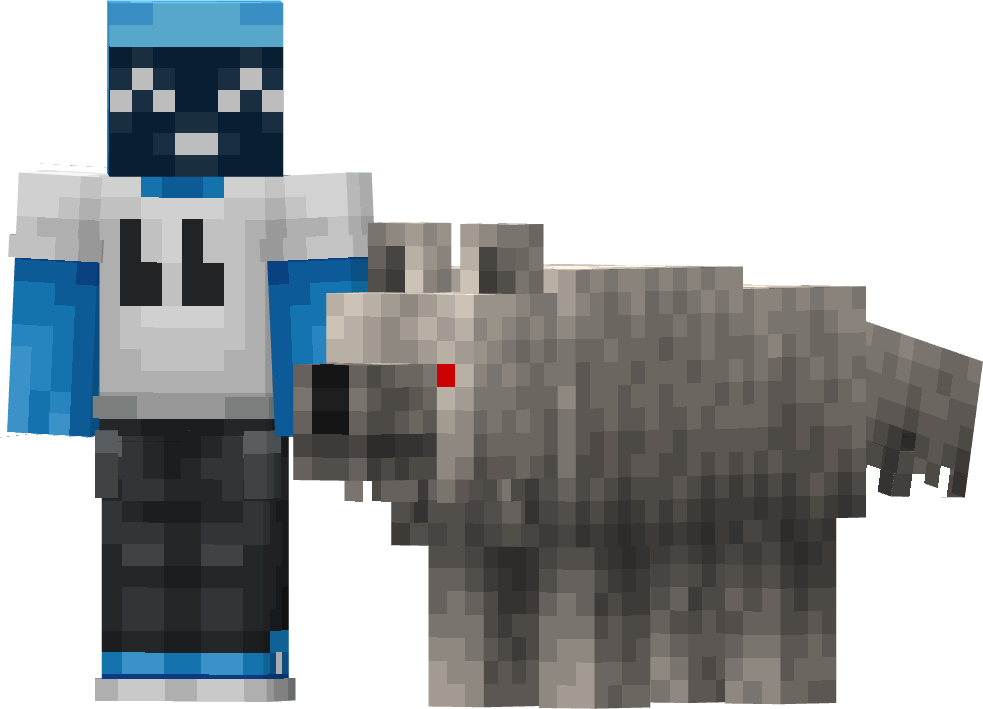 Direwolf Minecraft character and wolves in various colors and poses against a black background
