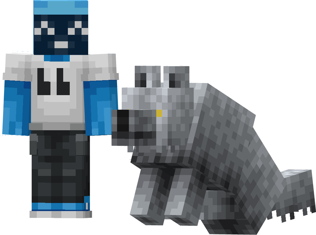 Direwolf Minecraft character and wolves in various colors and poses against a black background
