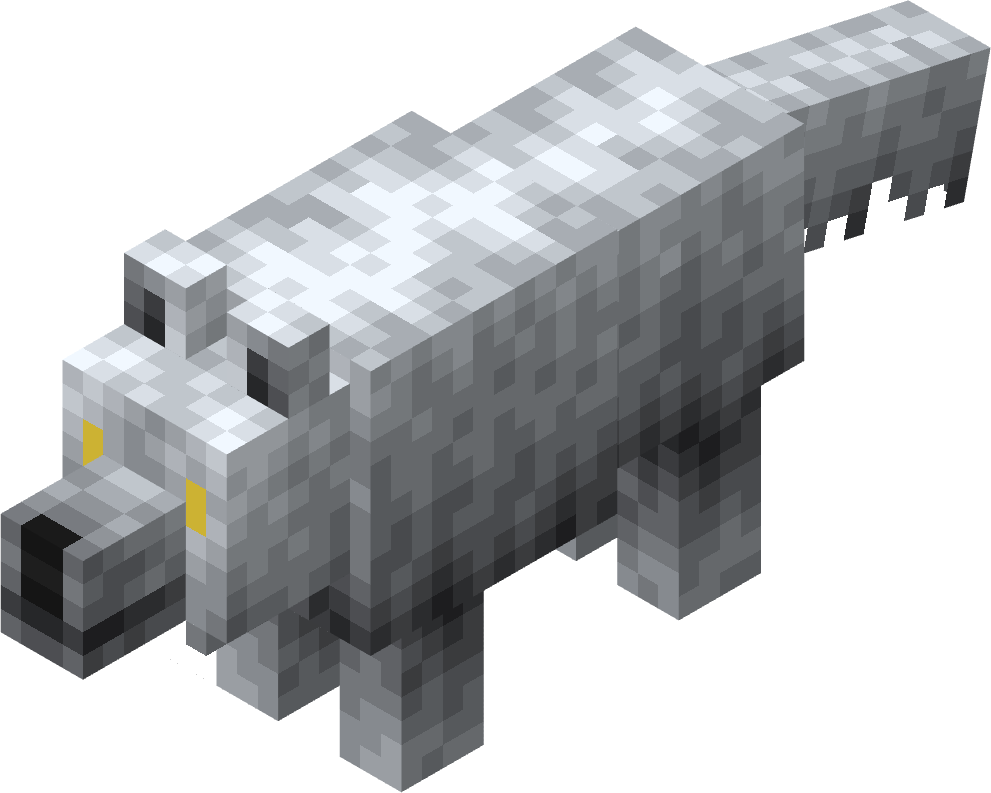 Direwolf Minecraft character and wolves in various colors and poses against a black background