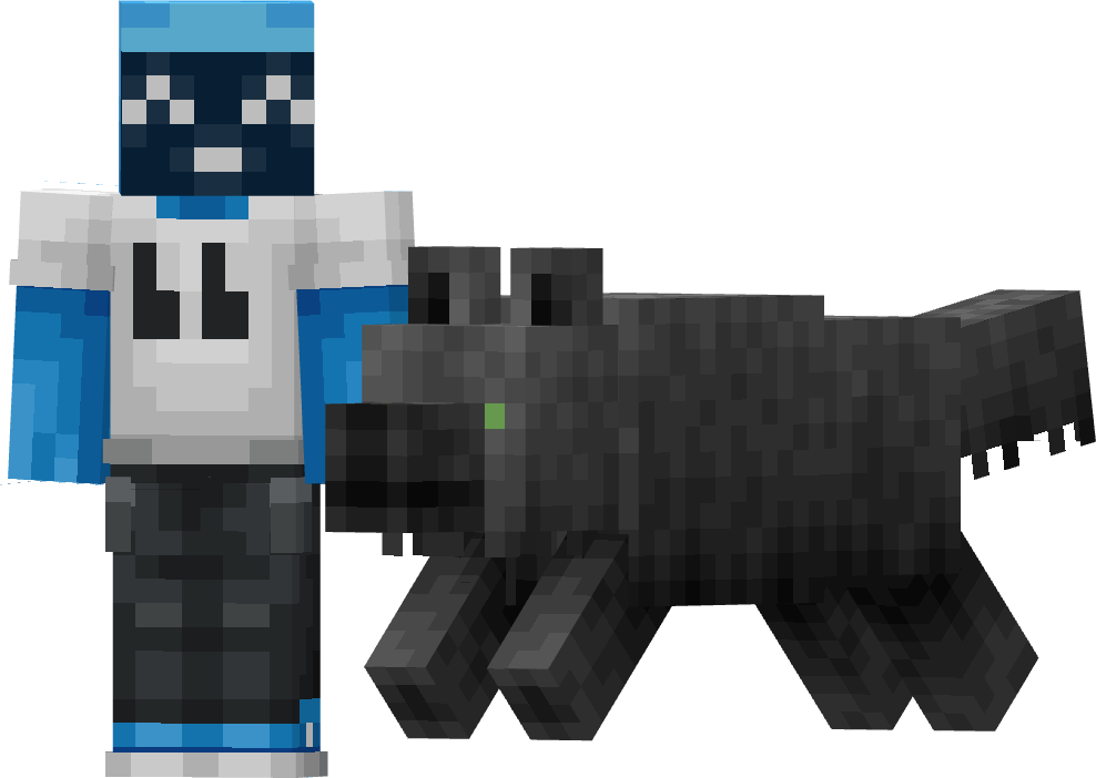 Direwolf Minecraft character and wolves in various colors and poses against a black background
