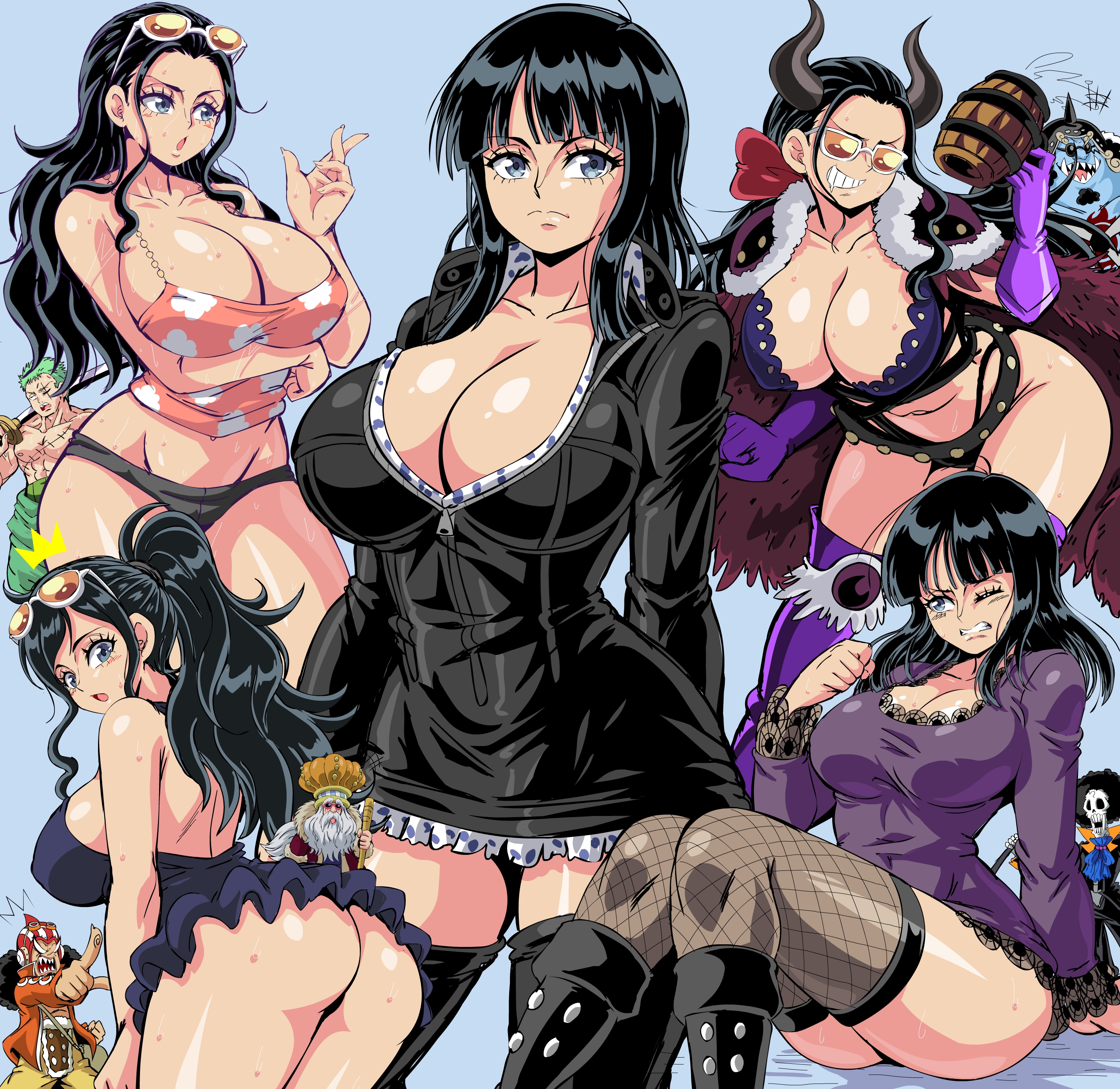 Nico Robin and other One Piece characters in anime hentai fan art featuring busty, curvy figures and explicit poses.