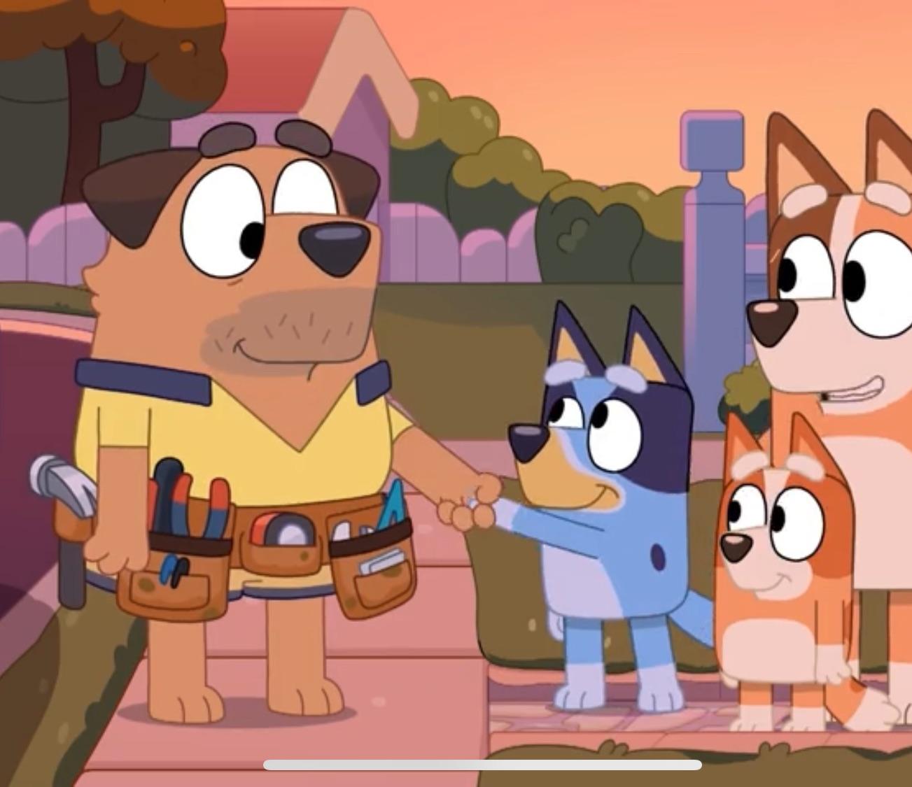 Bluey and Bingo as anthropomorphic dogs using a guitar and microphone outdoors.