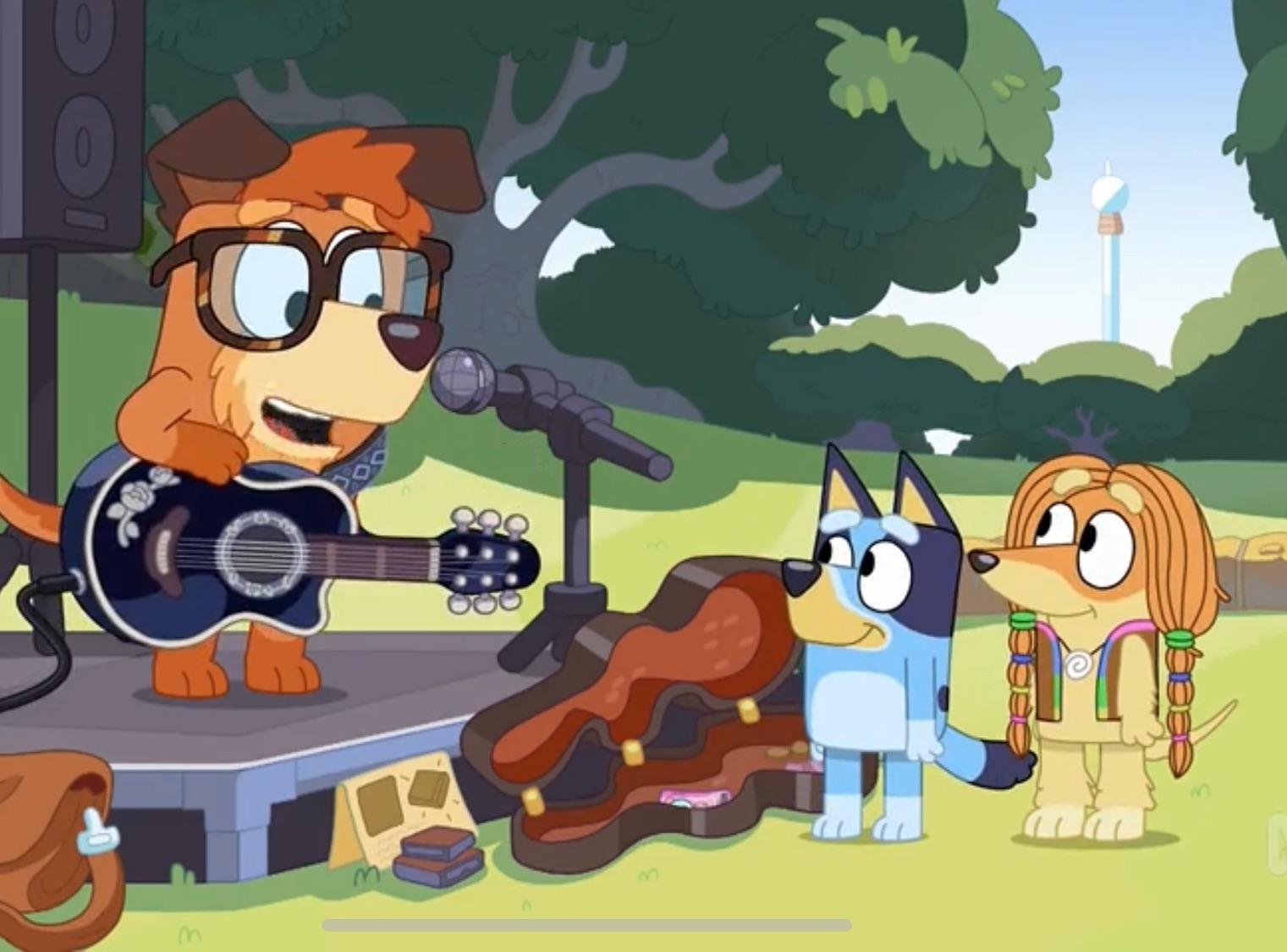 Bluey and Bingo as anthropomorphic dogs using a guitar and microphone outdoors.
