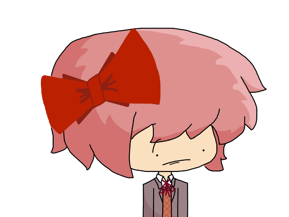 Sayori from DDLC with pink hair and a red bow making funny faces in a grey suit