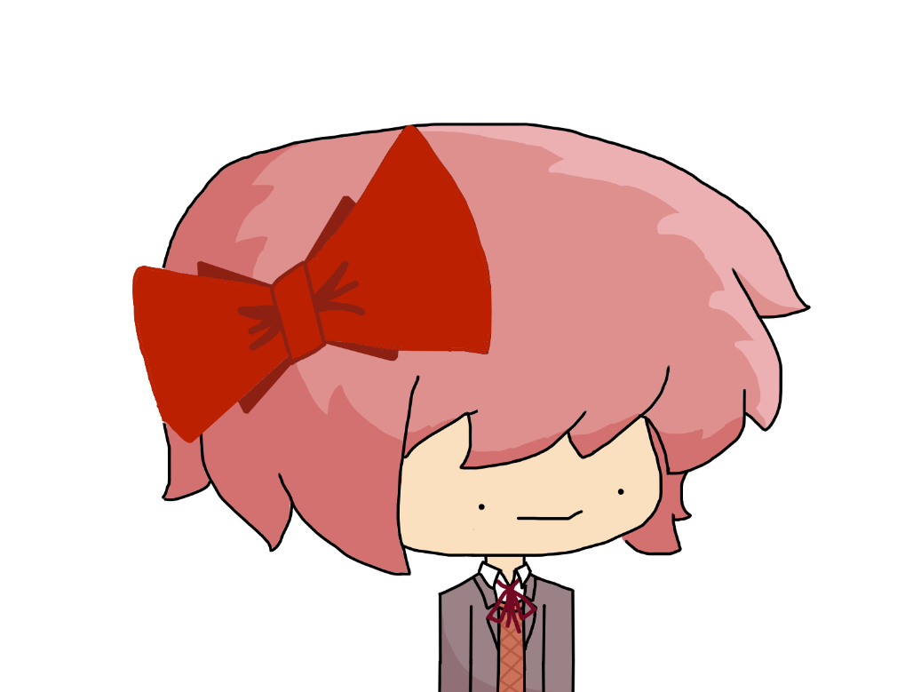 Sayori from DDLC with pink hair and a red bow making funny faces in a grey suit