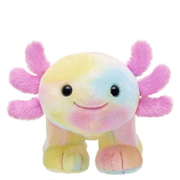 Rainbow-patterned Build-A-Bear axolotl plush toy with pink gills on a white background