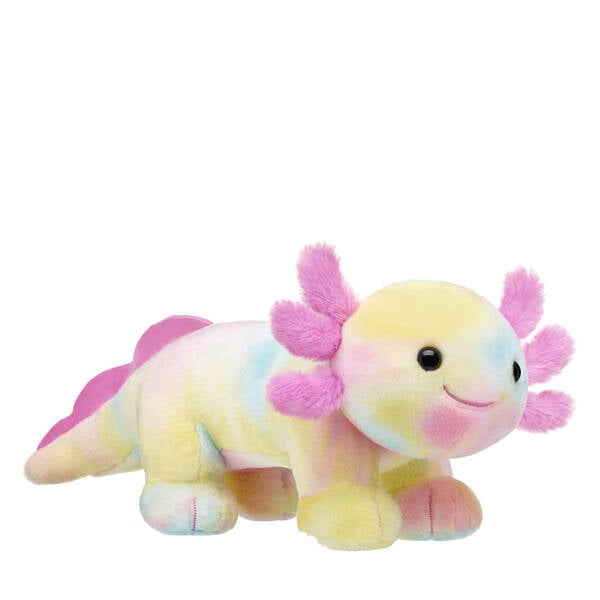 Rainbow-patterned Build-A-Bear axolotl plush toy with pink gills on a white background
