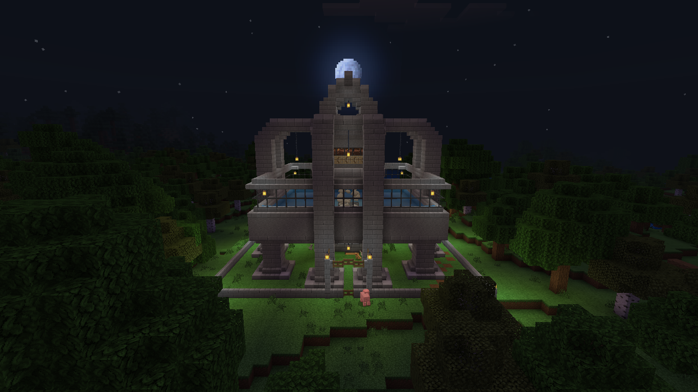 A large, ornate stone iron farm build in Minecraft at night under a full moon.