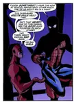 Marvel fan art of Spider-Man and a muscular red-skinned figure talking in a dark room with speech bubbles.