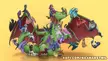 A large green dragon with a group of small colorful chibi dragons on a yellow background, digital anime art.