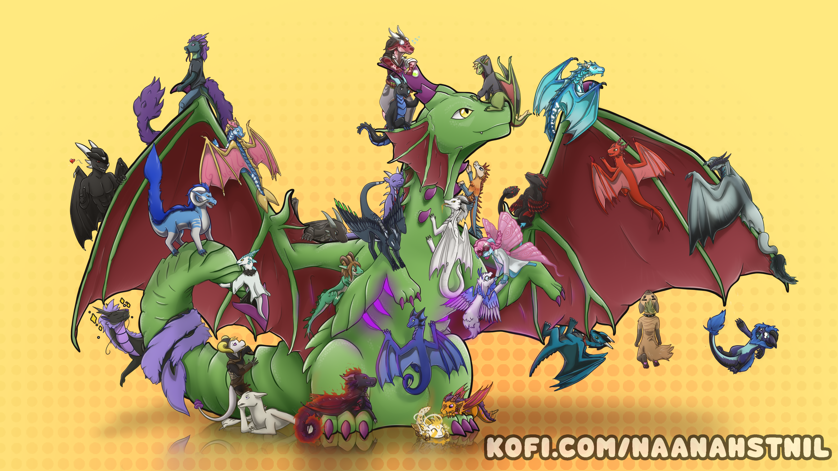 A Dragon with all his Friends! The Biggest Commission I have done for now!
