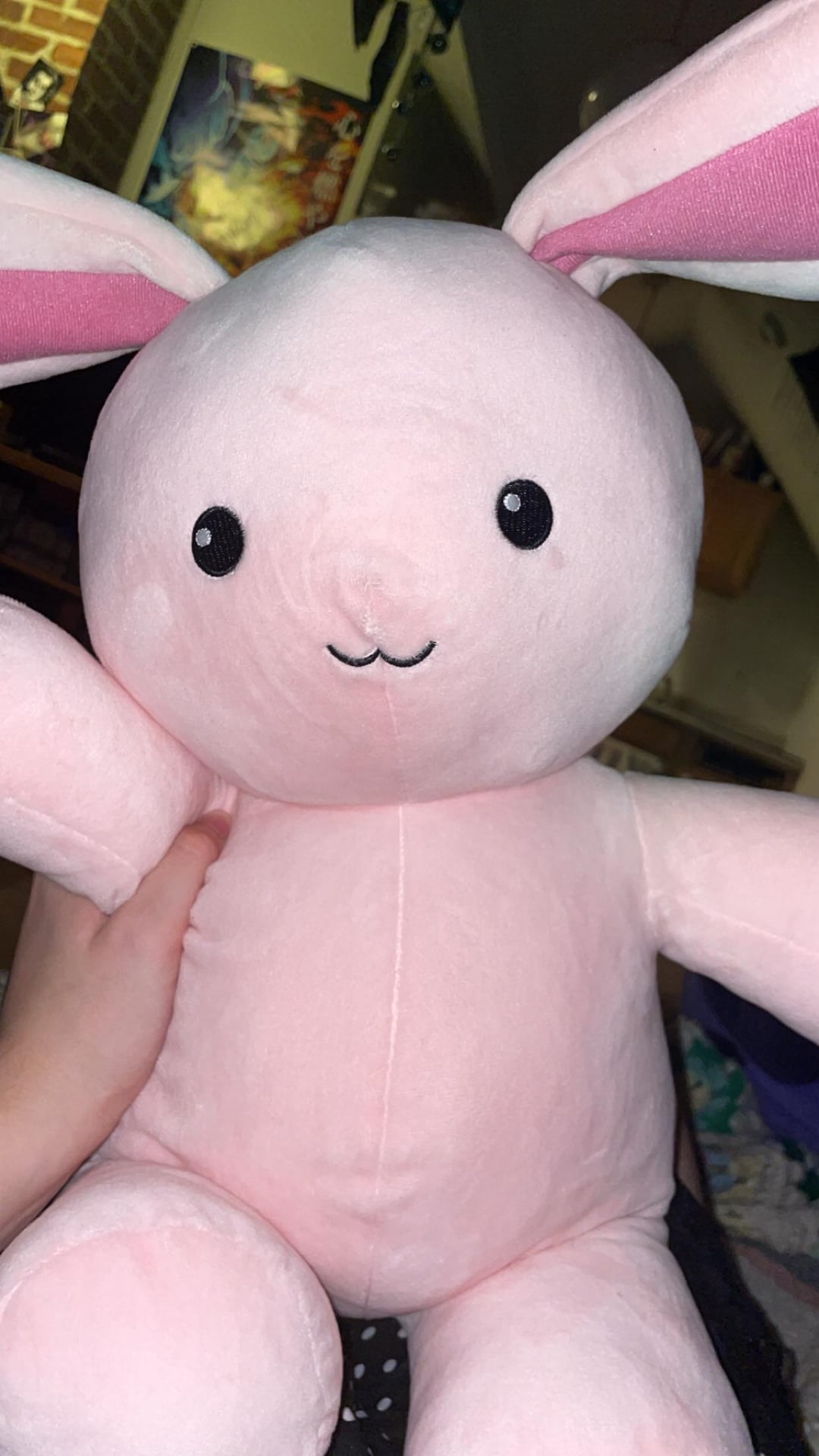 A light-skinned hand touching a kawaii pink plush bunny with a smile, Usa-Chan.