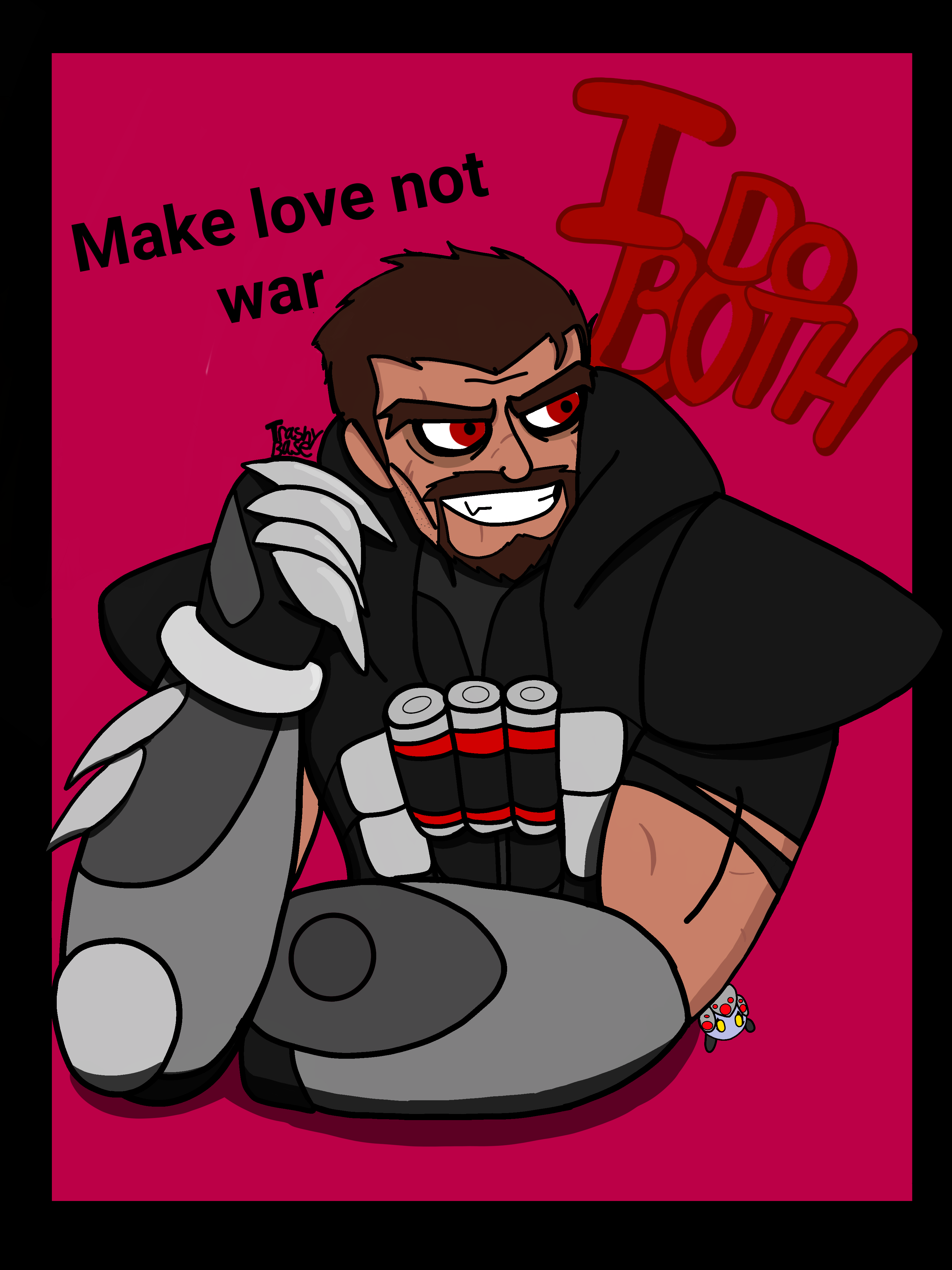 Digital fan art of an unmasked Reaper from Overwatch with red eyes and black tactical gear on a pink background