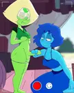 Lapis and Peridot from Steven Universe in a lesbian cunnilingus scene with colorful skin and nudity.