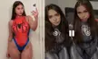 Sophie Rain in a red and blue Spider-Man bodysuit and a grey bodysuit, posing for selfies in a bedroom.