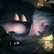 Cassie from Mortal Kombat with short white hair and a black tank top crawling on a dark floor in 3D animation