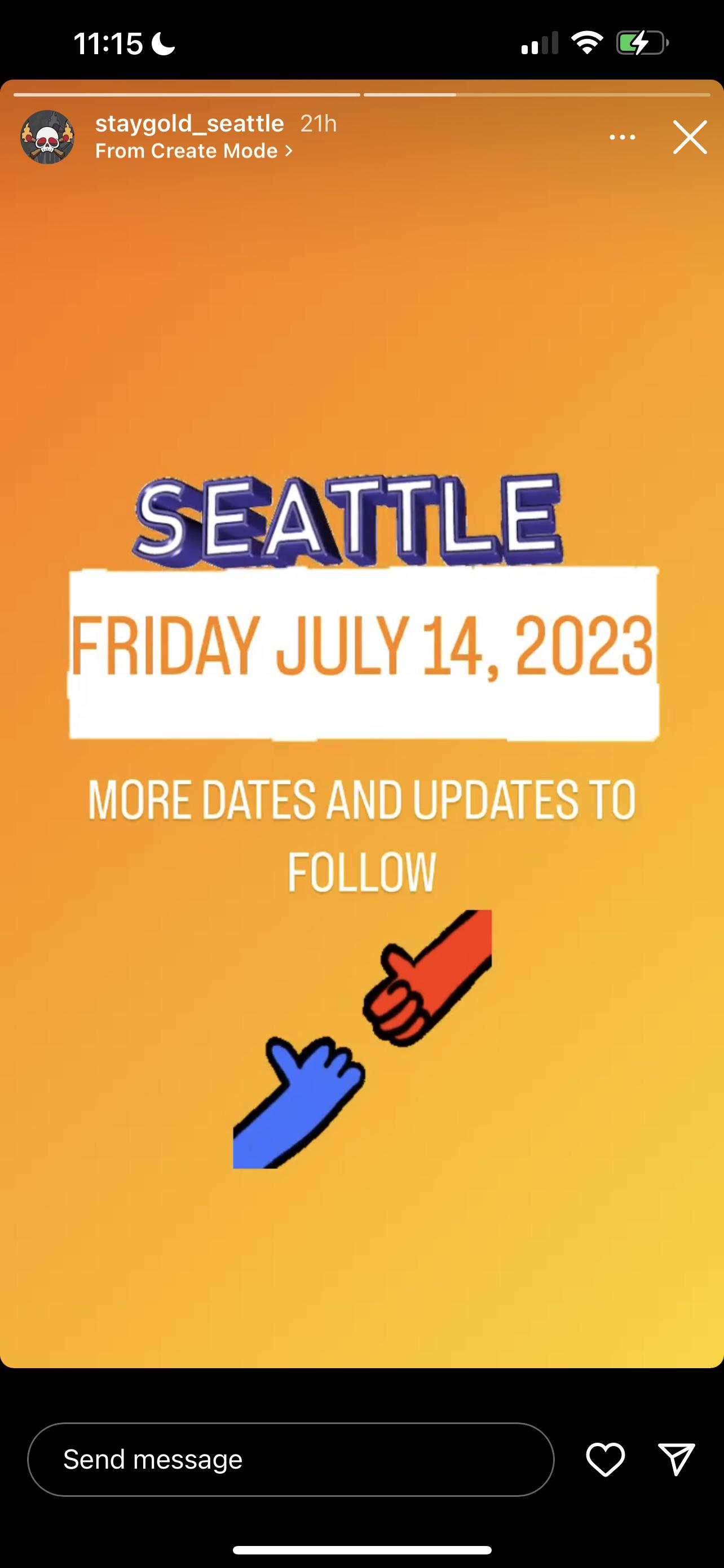 Stay Gold Seattle Instagram story with digital file names and colorful light streaks for hardcore music updates.