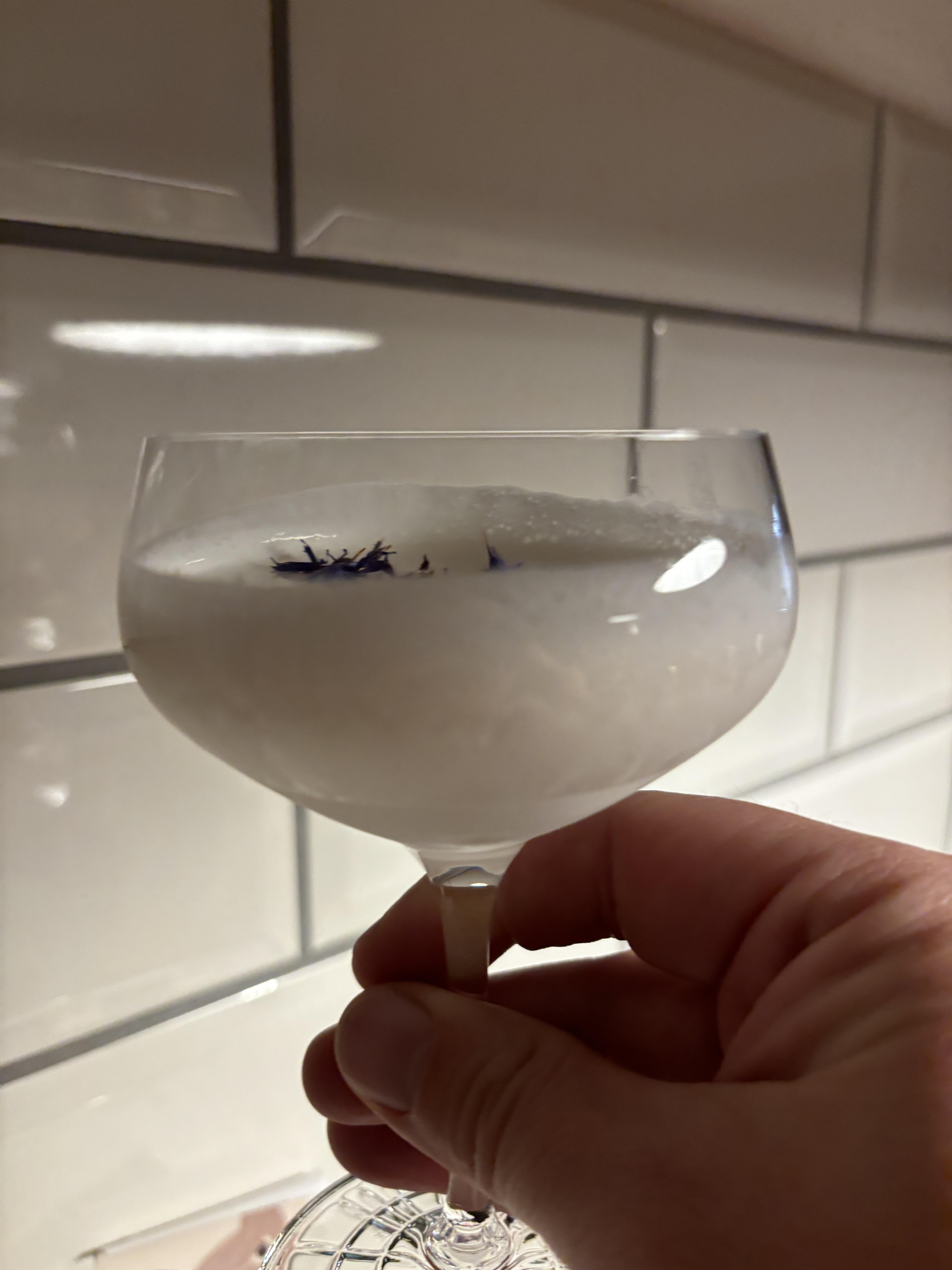 A hand with pale skin holding a Bees Kiss cocktail in a coupe glass with blue flower petals against a tiled wall.