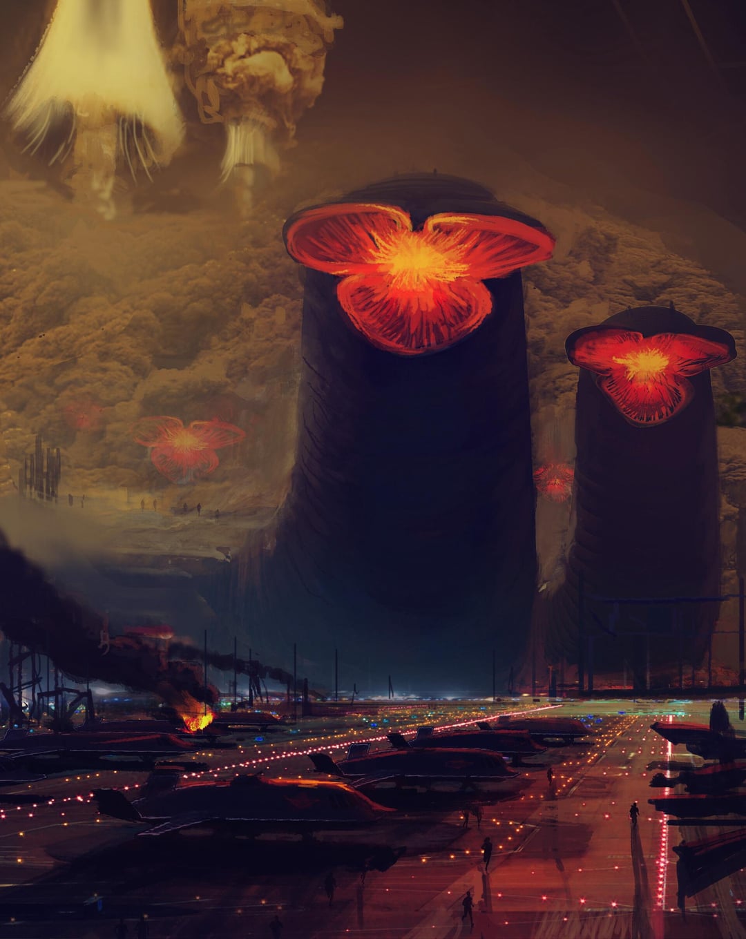 Alex Jay Brady's art of giant creatures with red floral heads attacking a military airfield with fighter jets