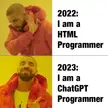 Dank meme of a man in a red puffer jacket reacting to text about HTML and ChatGPT programming trends