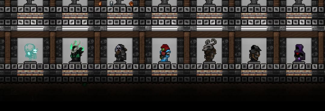 Terraria vanities featuring seven armored figures on pedestals in a dark tower interior