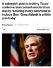 Some Reddit Sub Won't Stop Saying That Greg Abbott is a Little Piss Baby!