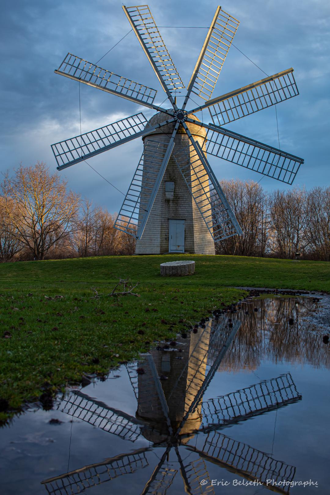 Boyd's Windmill, Middletown, Rhode Island. Golden hour light and reflection.