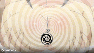 Anime busty Asian woman with a swinging hypno spiral pendant and mind control captions.