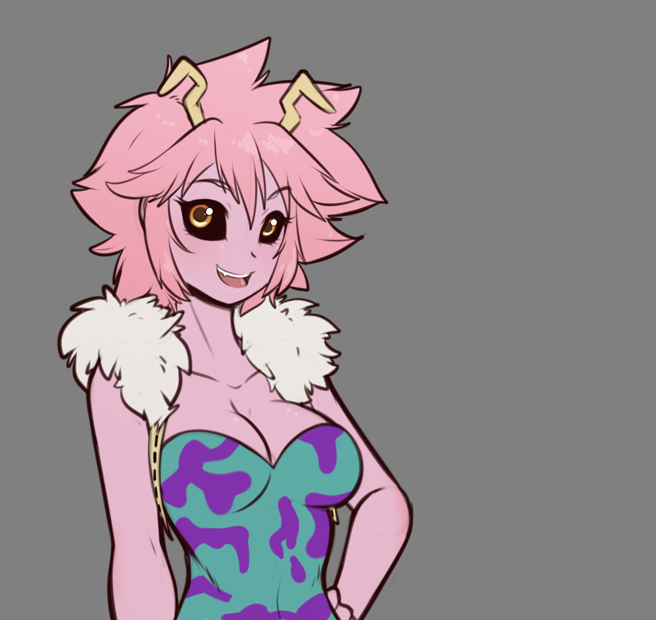Mina Ashido from My Hero Academia in anime style hentai art featuring busty pink skin and ahegao expressions