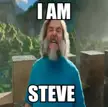 Minecraft Steve IRL meme of a man with a long grey beard in a blue t-shirt in a blocky landscape