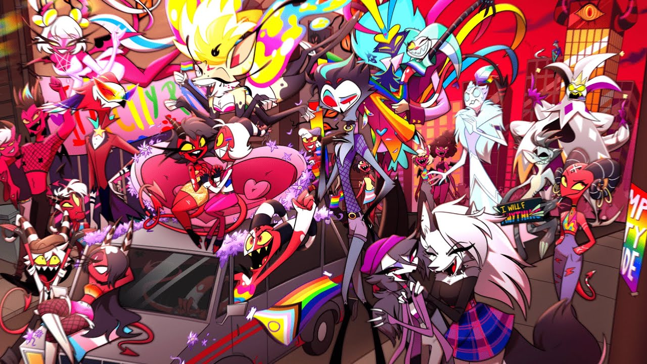 Hazbin Hotel fan art of Alastor, Charlie, Valentino, and a group of colorful demonic characters with horns and wings