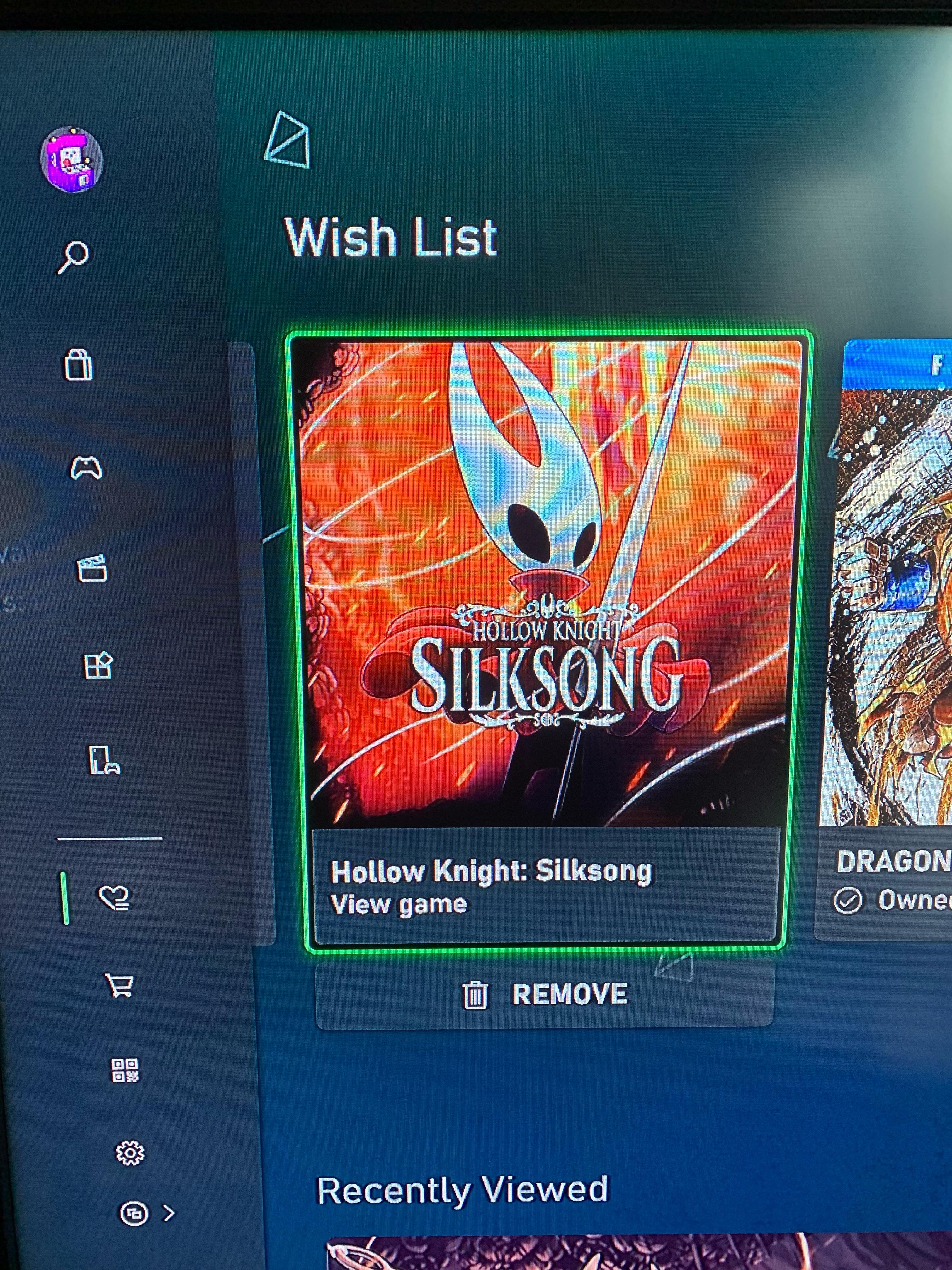 Hollow Knight: Silksong on a video game wish list displayed on a television screen