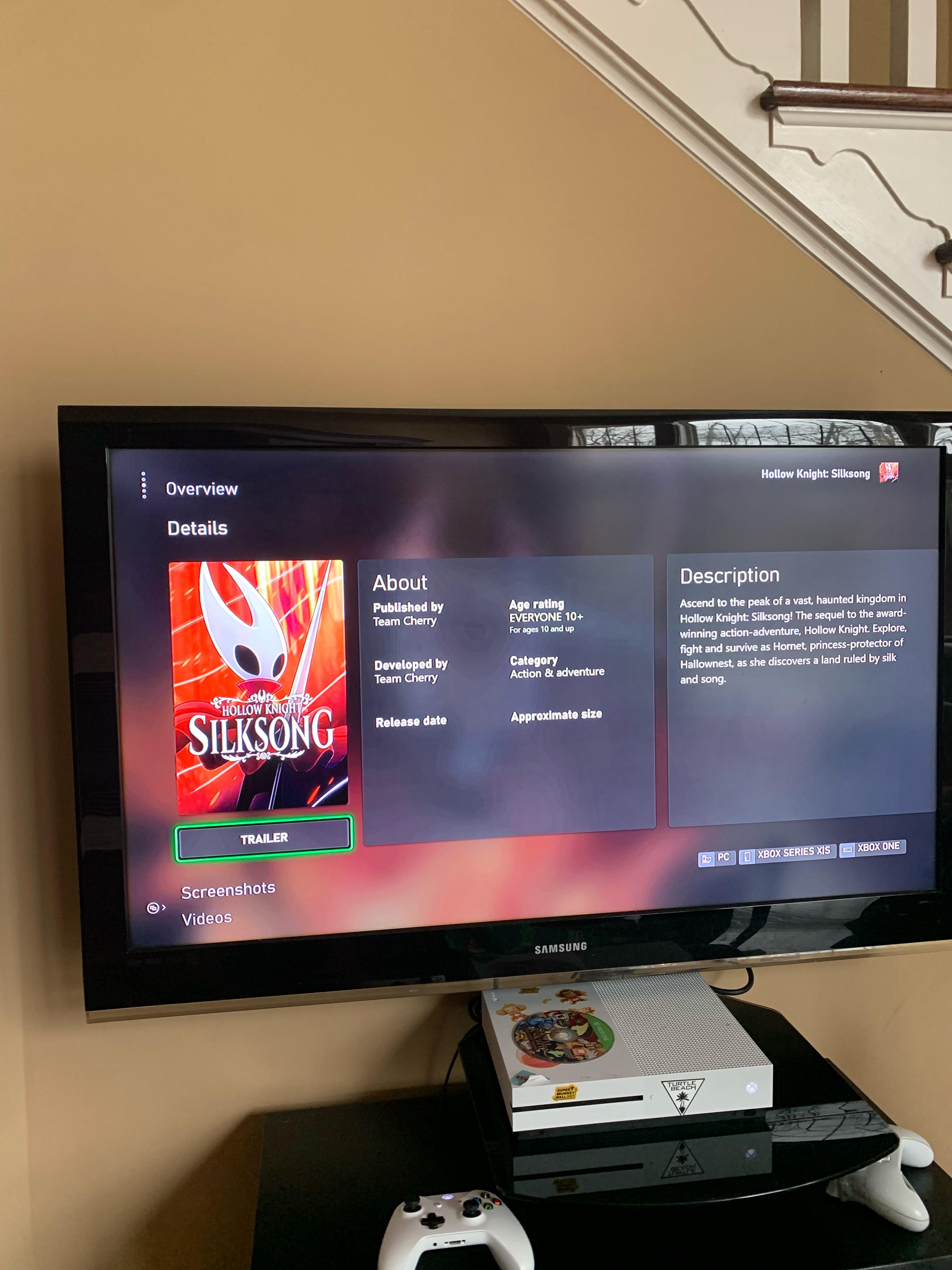 Hollow Knight: Silksong on a video game wish list displayed on a television screen