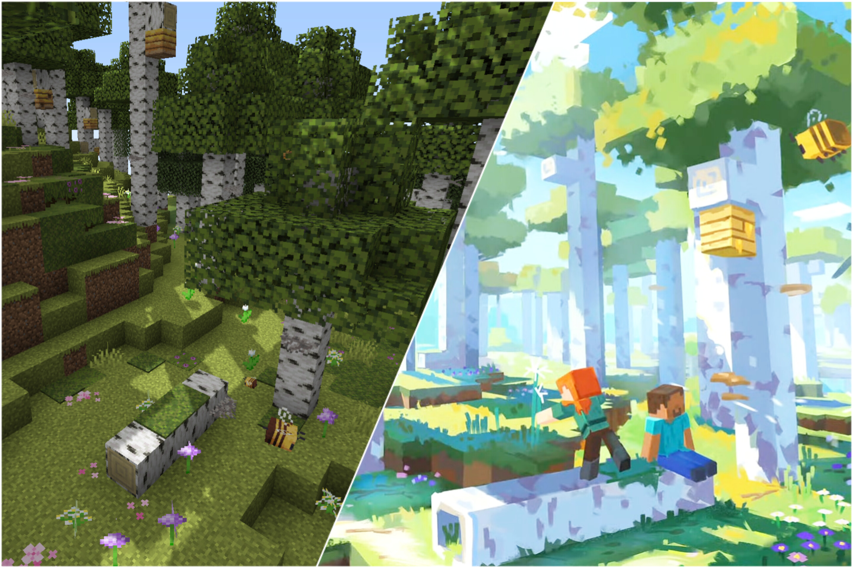 Minecraft birch forest build compared to anime art concept art with a blocky couple among bee hives and flowers