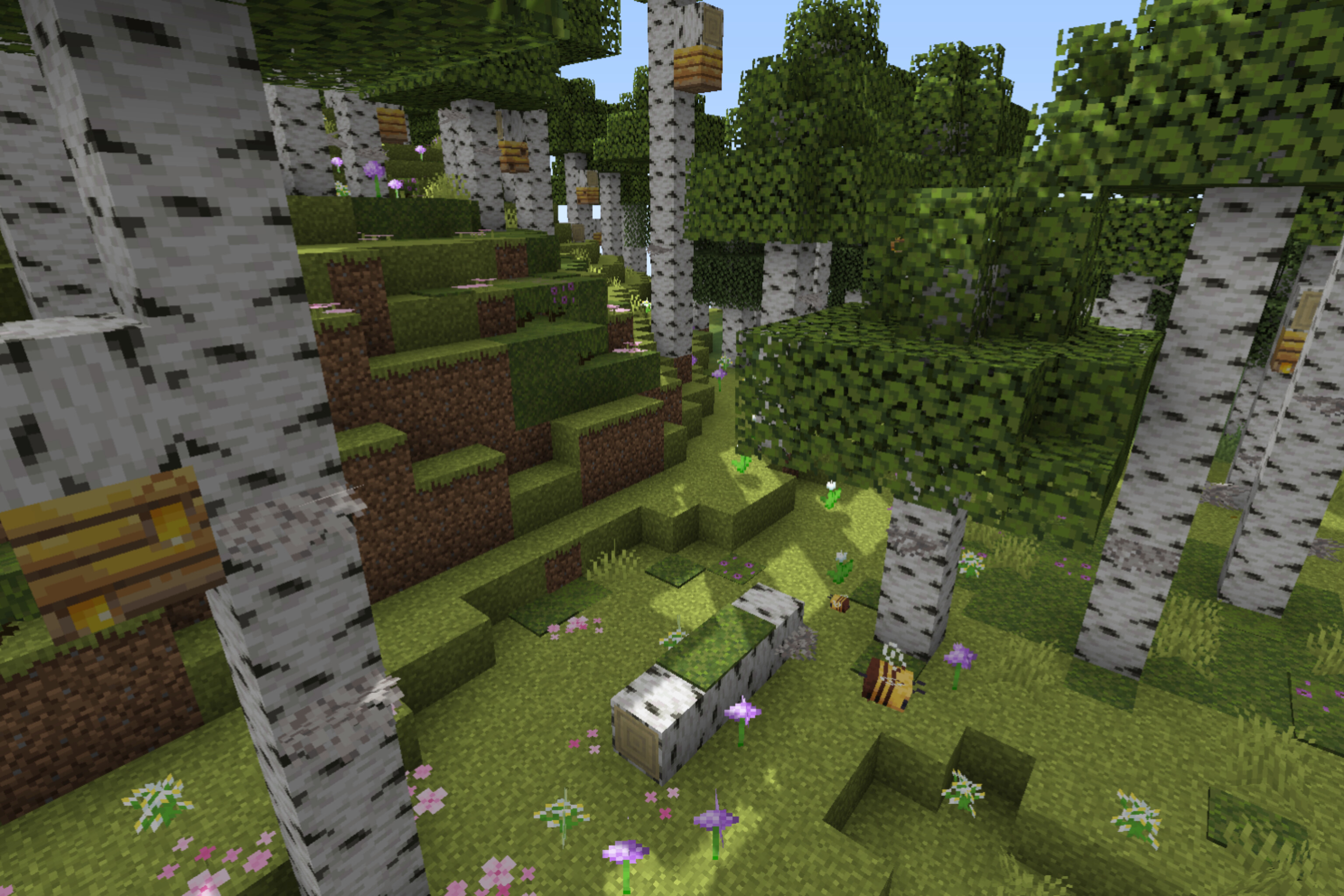 Minecraft birch forest build compared to anime art concept art with a blocky couple among bee hives and flowers