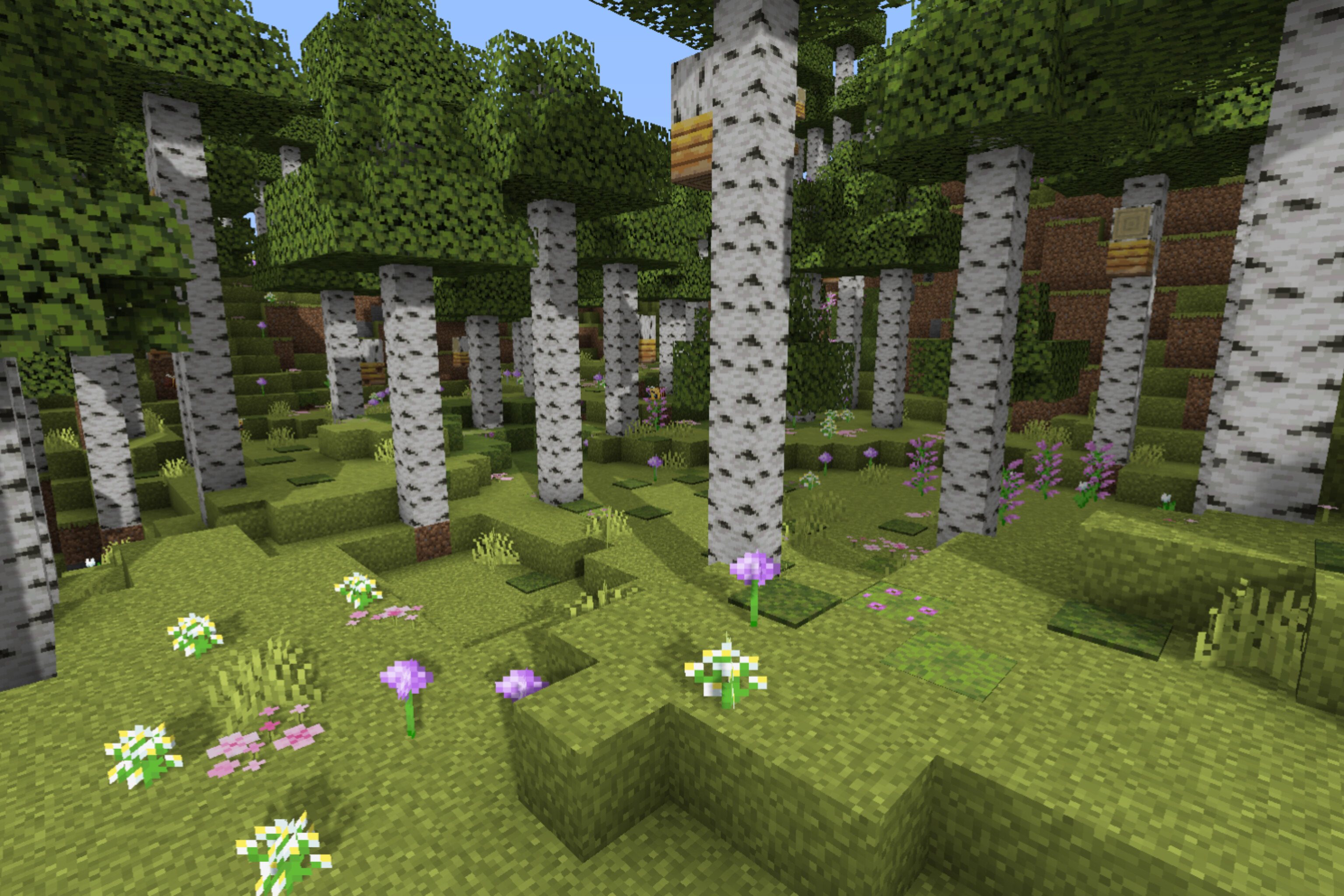 Minecraft birch forest build compared to anime art concept art with a blocky couple among bee hives and flowers