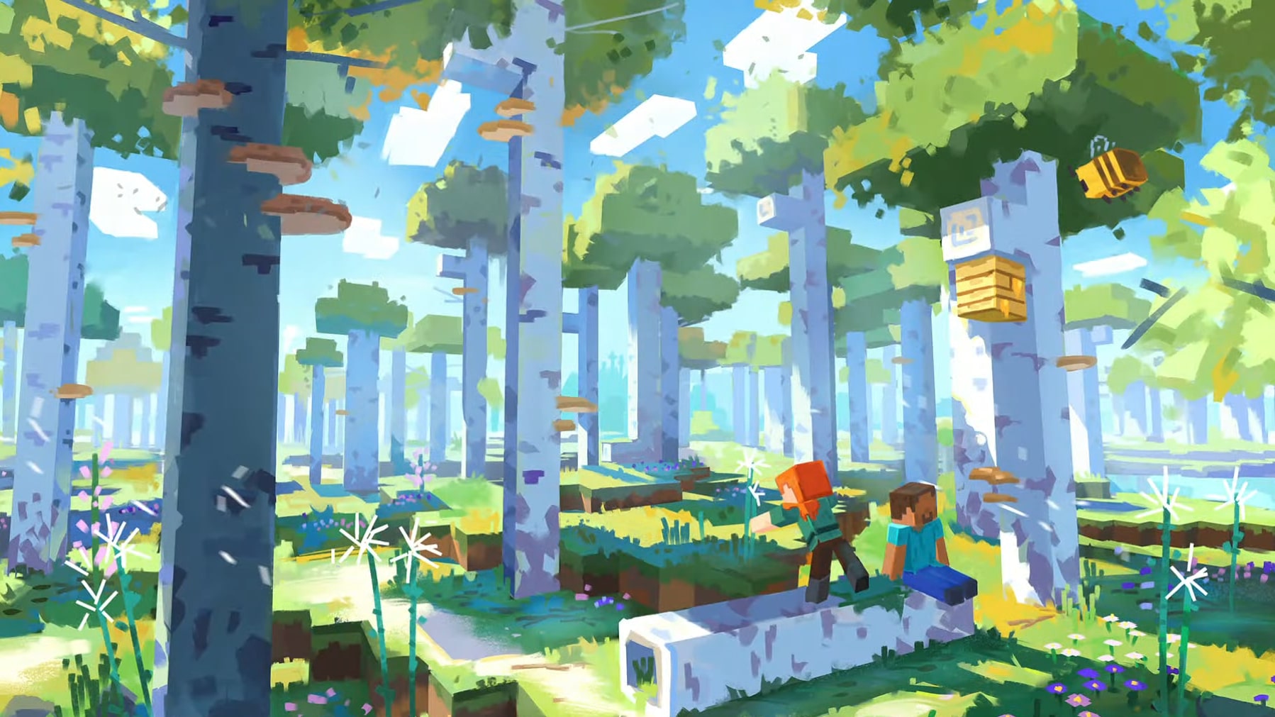 Minecraft birch forest build compared to anime art concept art with a blocky couple among bee hives and flowers