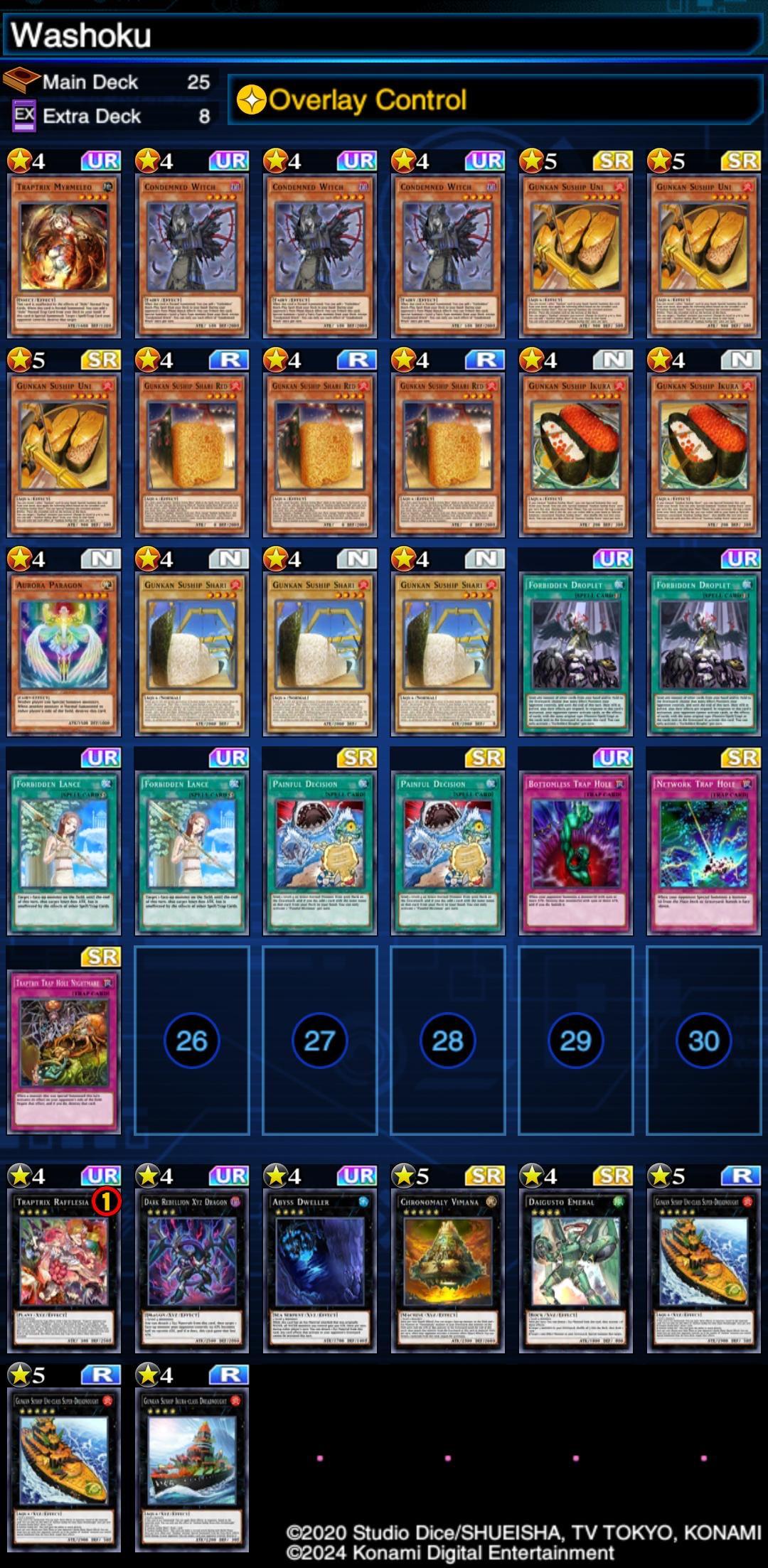 Yu-Gi-Oh! Duel Links interface showing a Washoku deck list and the Traptrix Myrmeleo card