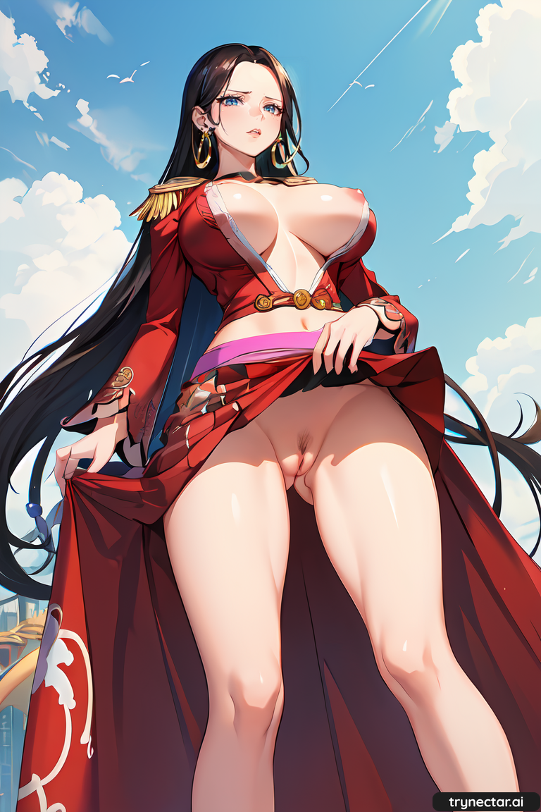 Boa Hancock in a red dress performing a pussy flash