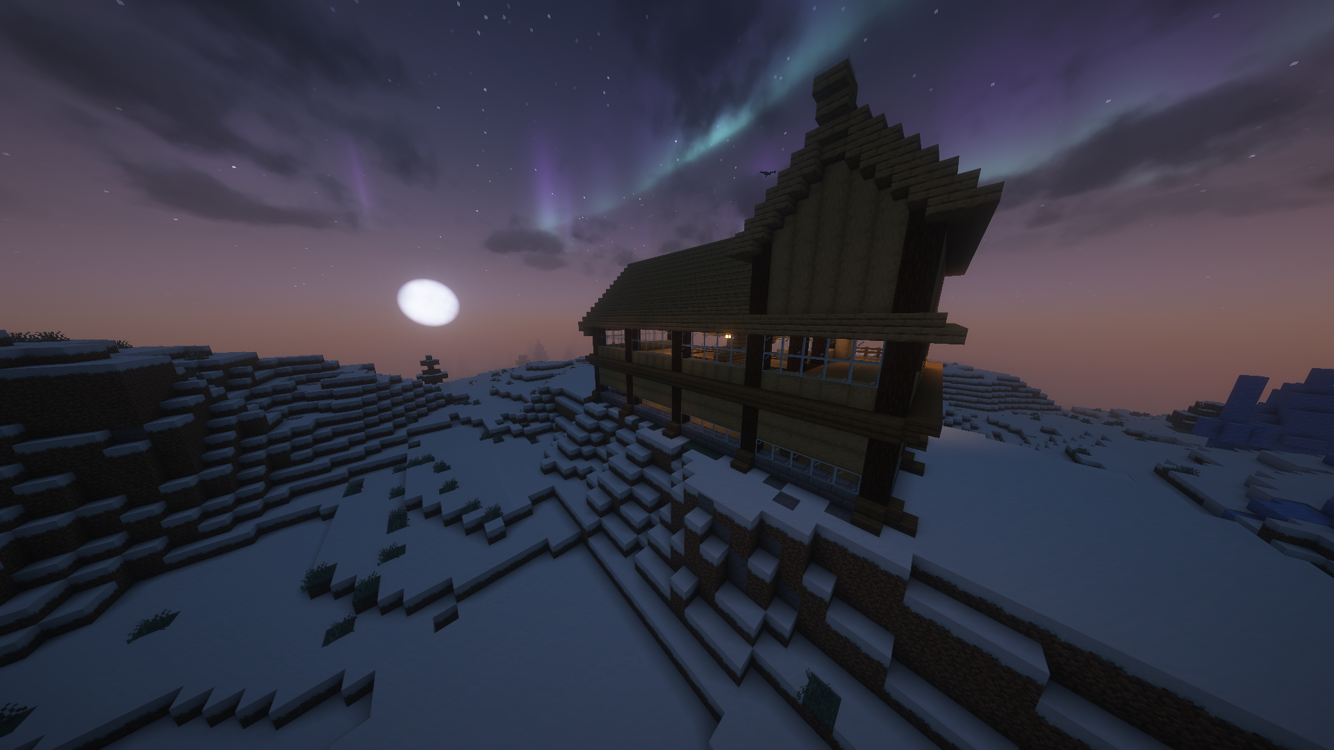 A cute small minecraft survival build of a wooden house on a snowy hill under a colorful aurora borealis.
