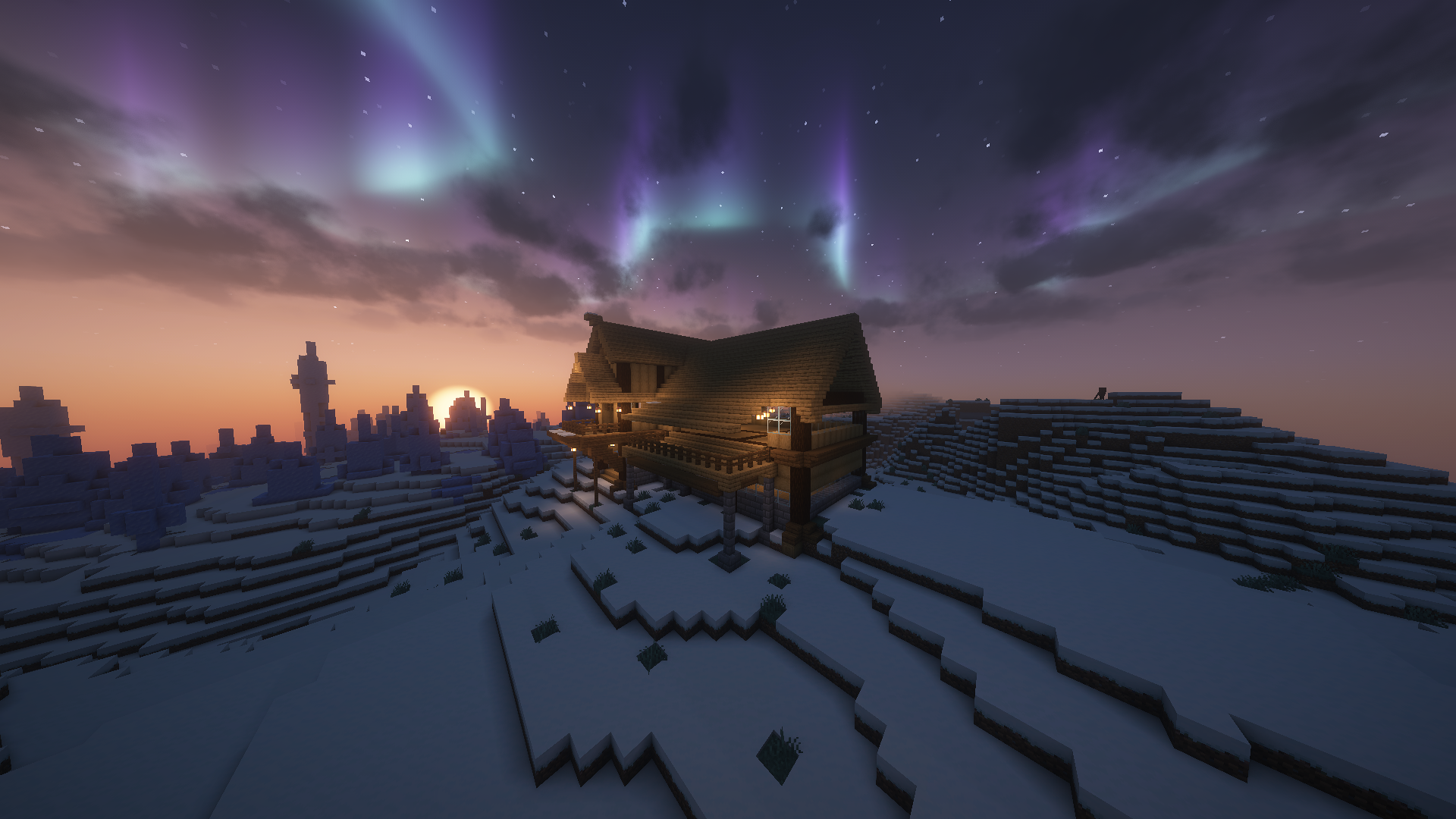 A cute small minecraft survival build of a wooden house on a snowy hill under a colorful aurora borealis.