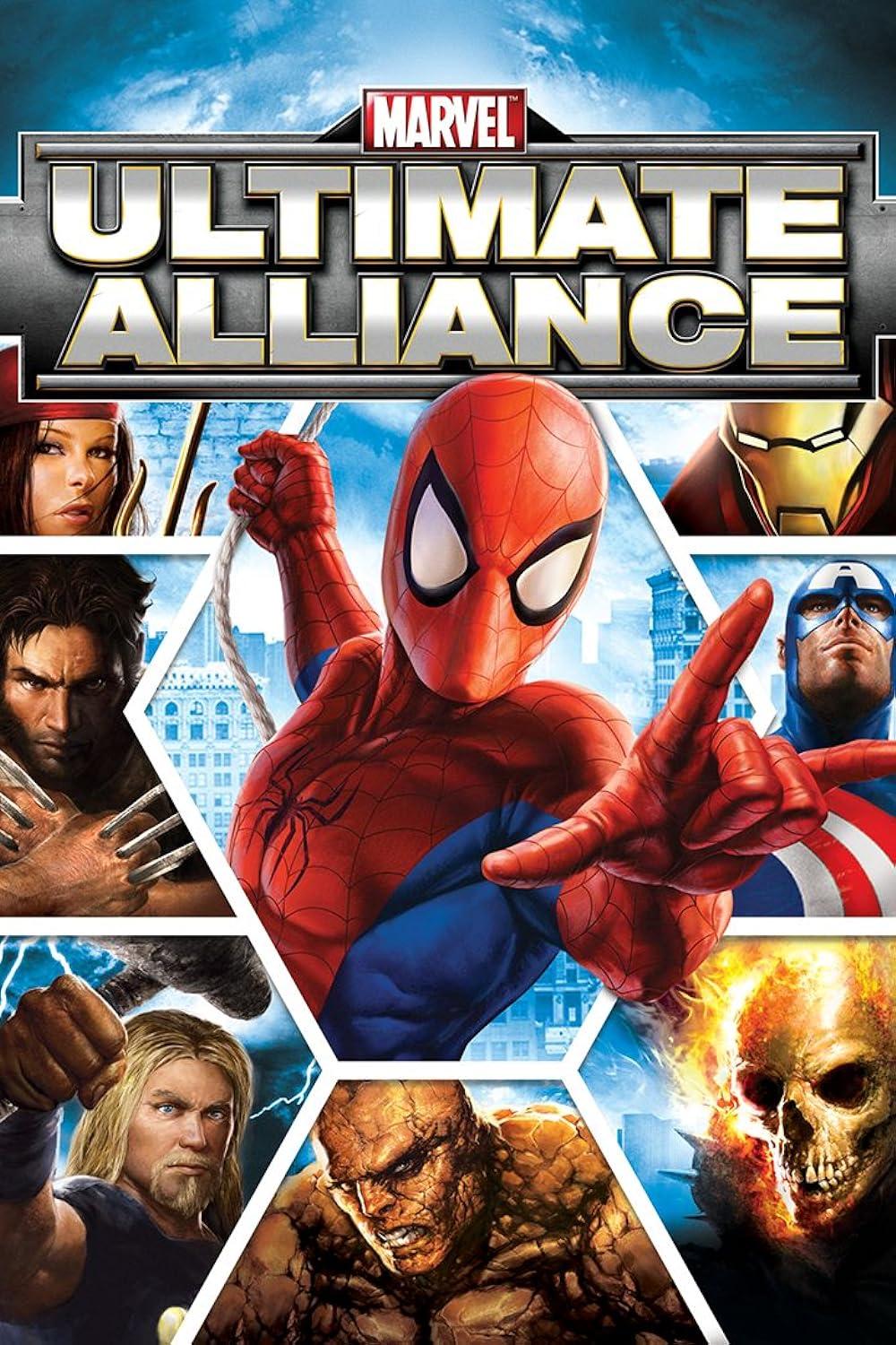 Marvel Ultimate Alliance video game concept art featuring a group of costumed characters against a cityscape