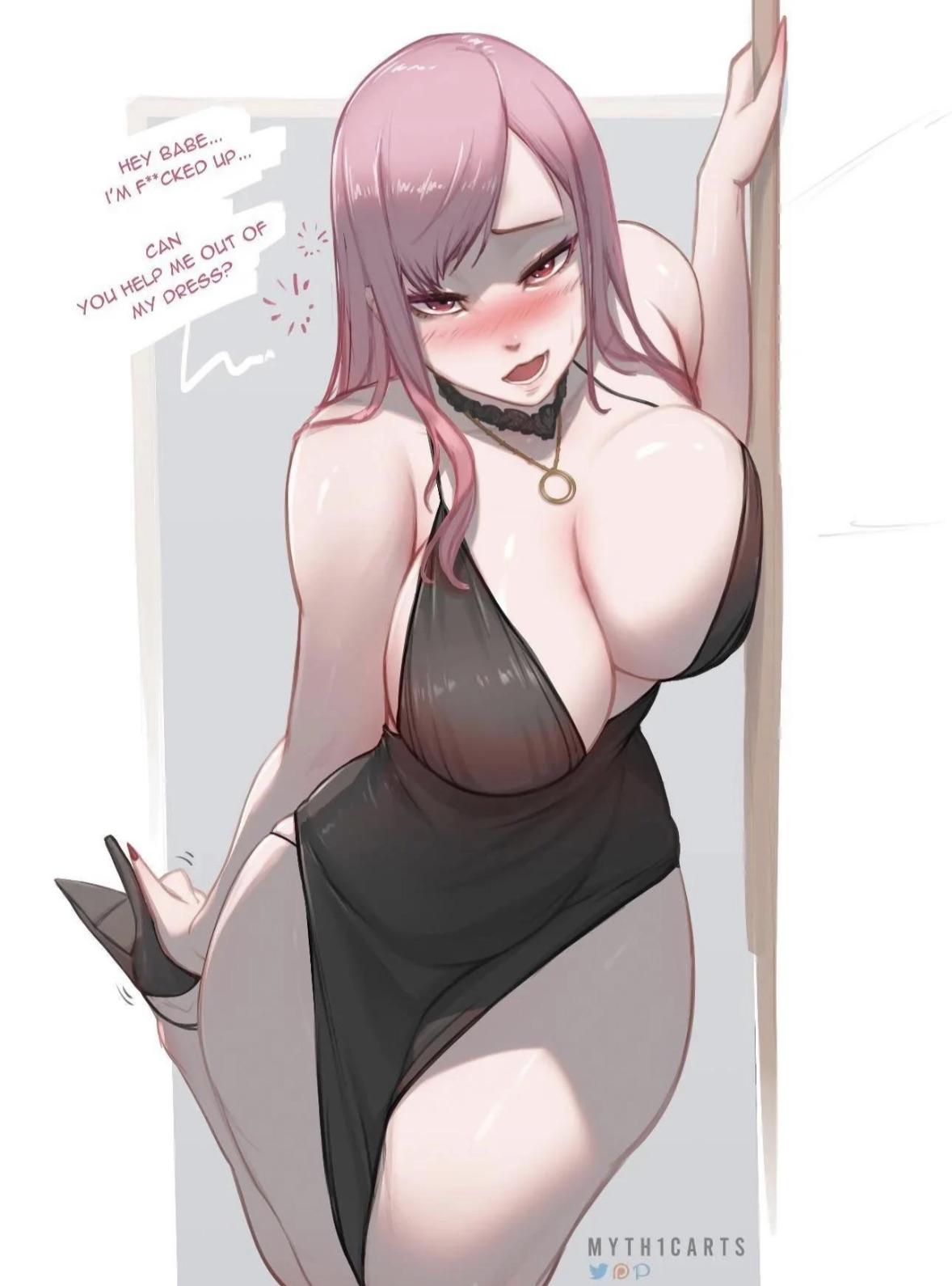 Busty anime girls in lingerie, micro bikinis, and revealing dresses with roleplay captions.
