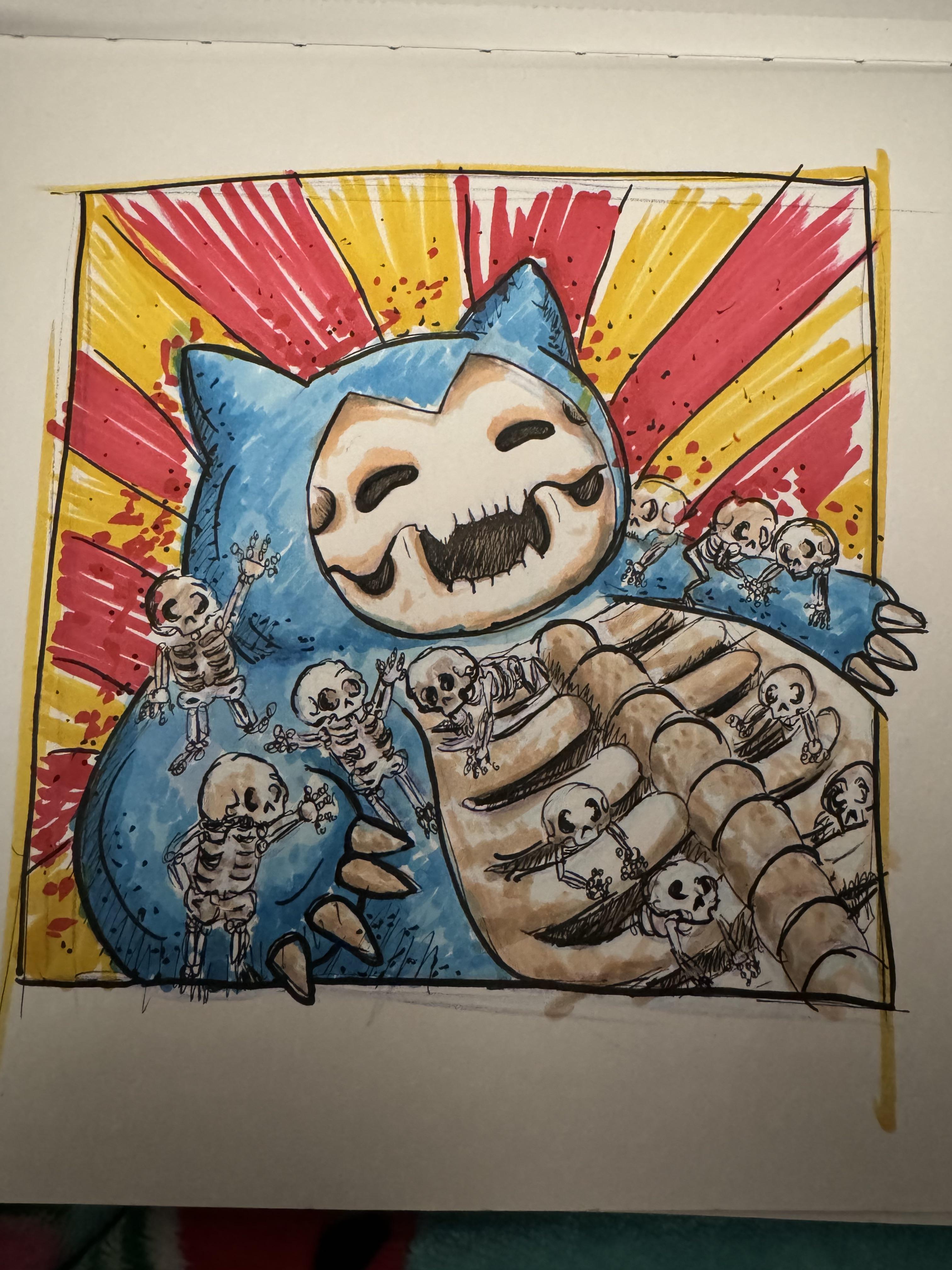 Skelax, a blue monster hunter concept art creature with a skull face and skeletons clinging to its body