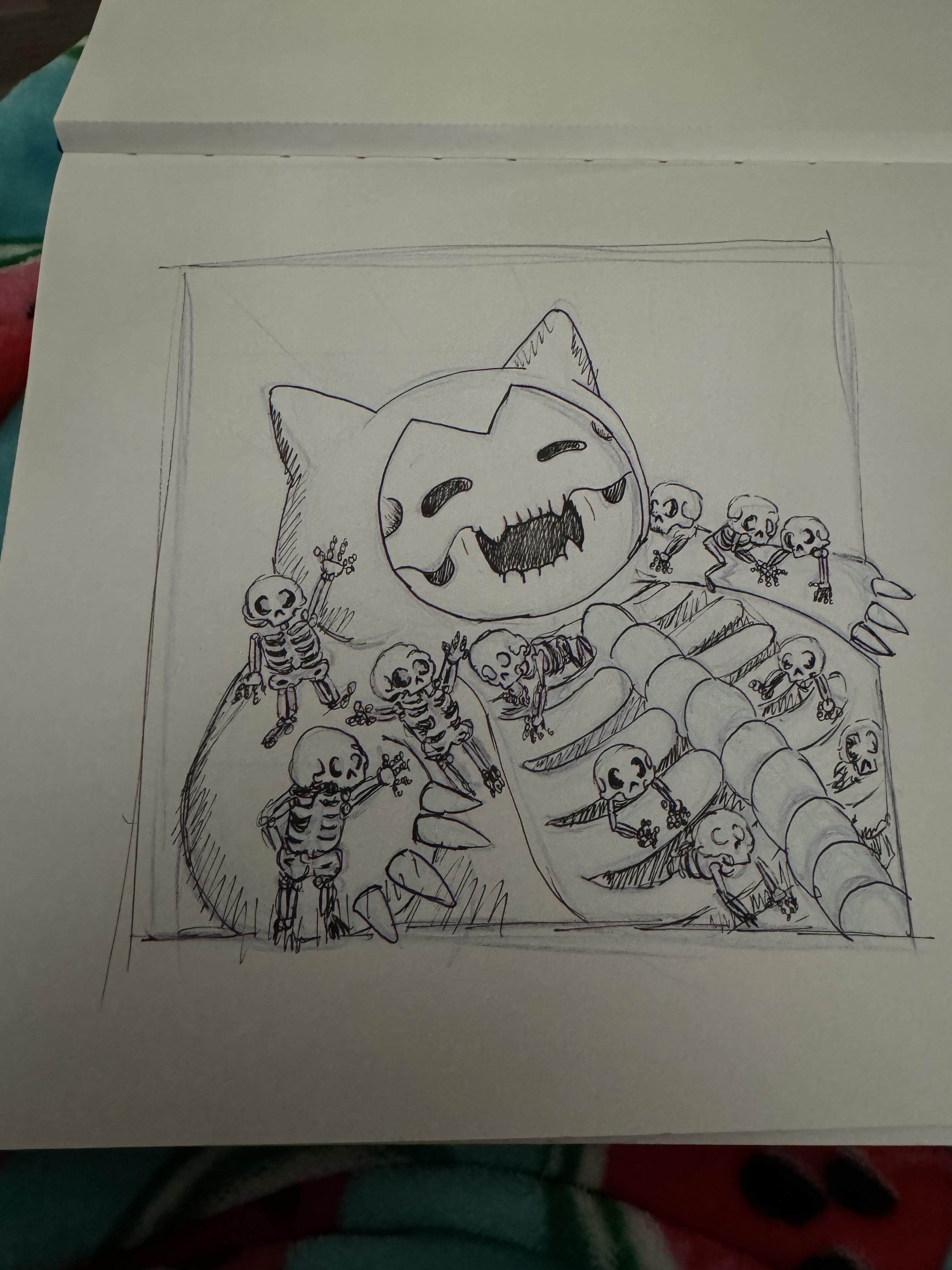 Skelax, a blue monster hunter concept art creature with a skull face and skeletons clinging to its body