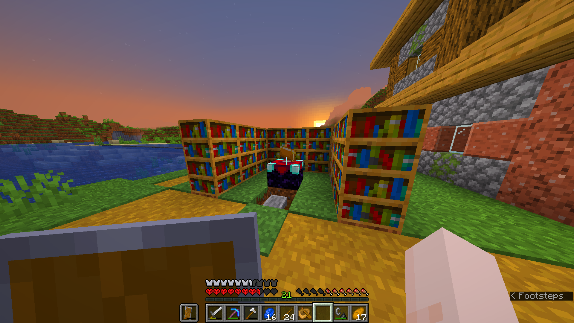 Small Minecraft survival build of an outdoor library with bookshelves and a wooden house at sunset