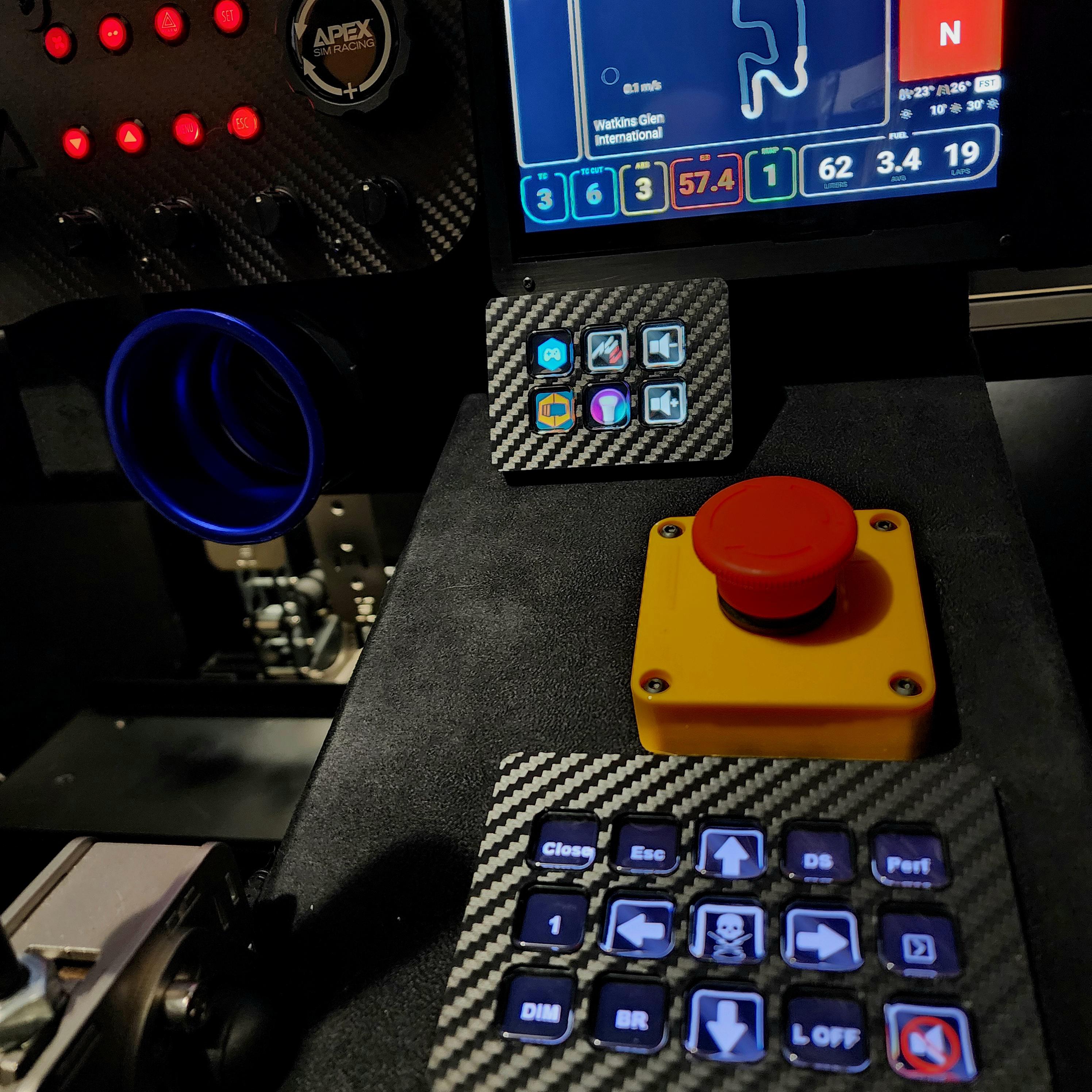 Sim racing cockpit with a professional steering wheel, digital displays, and control buttons