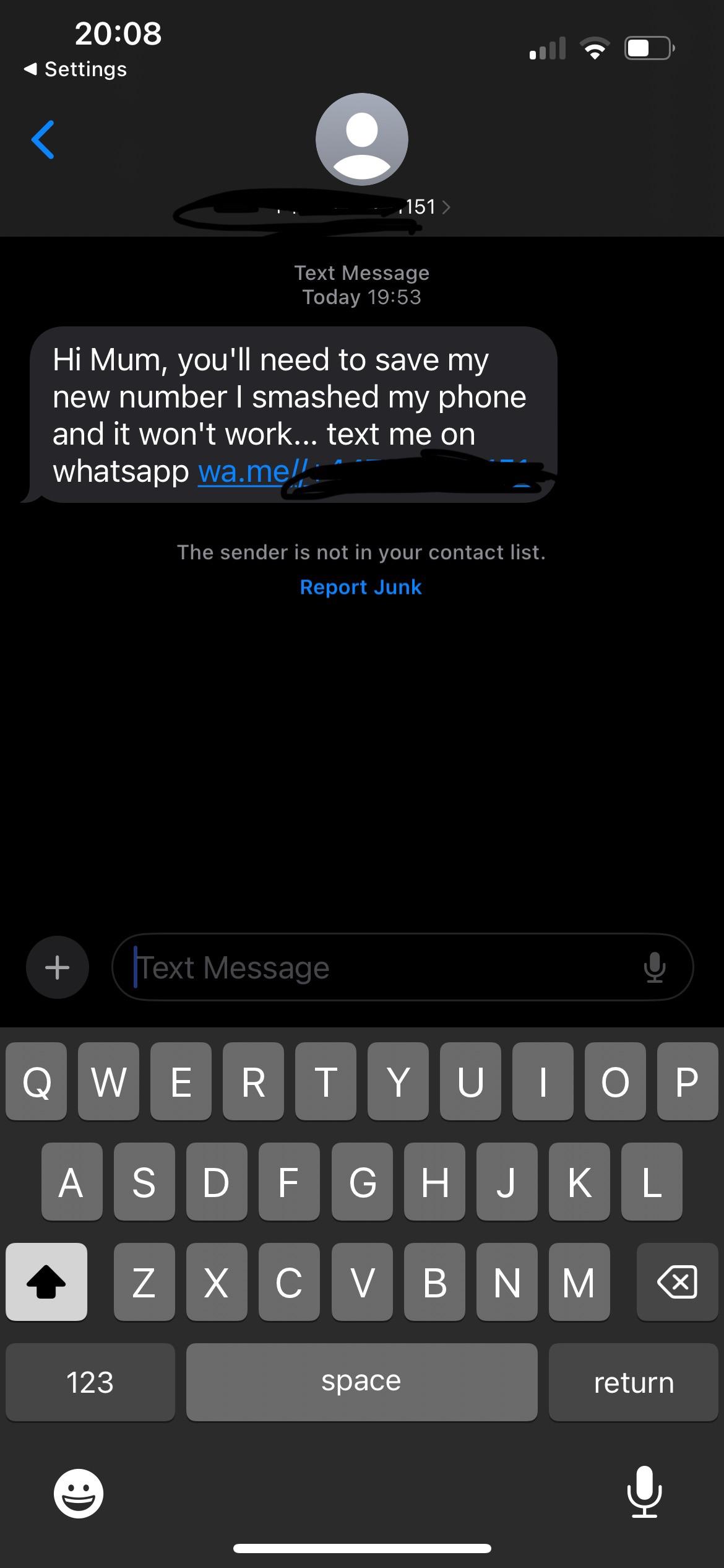 Scambaiting text conversation showing a scammer attempting to solicit money for a fake invoice