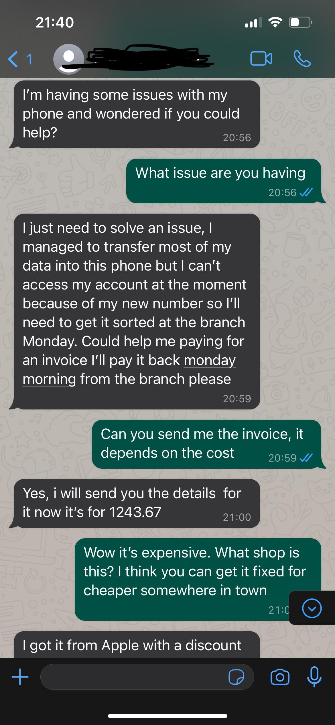 Scambaiting text conversation showing a scammer attempting to solicit money for a fake invoice